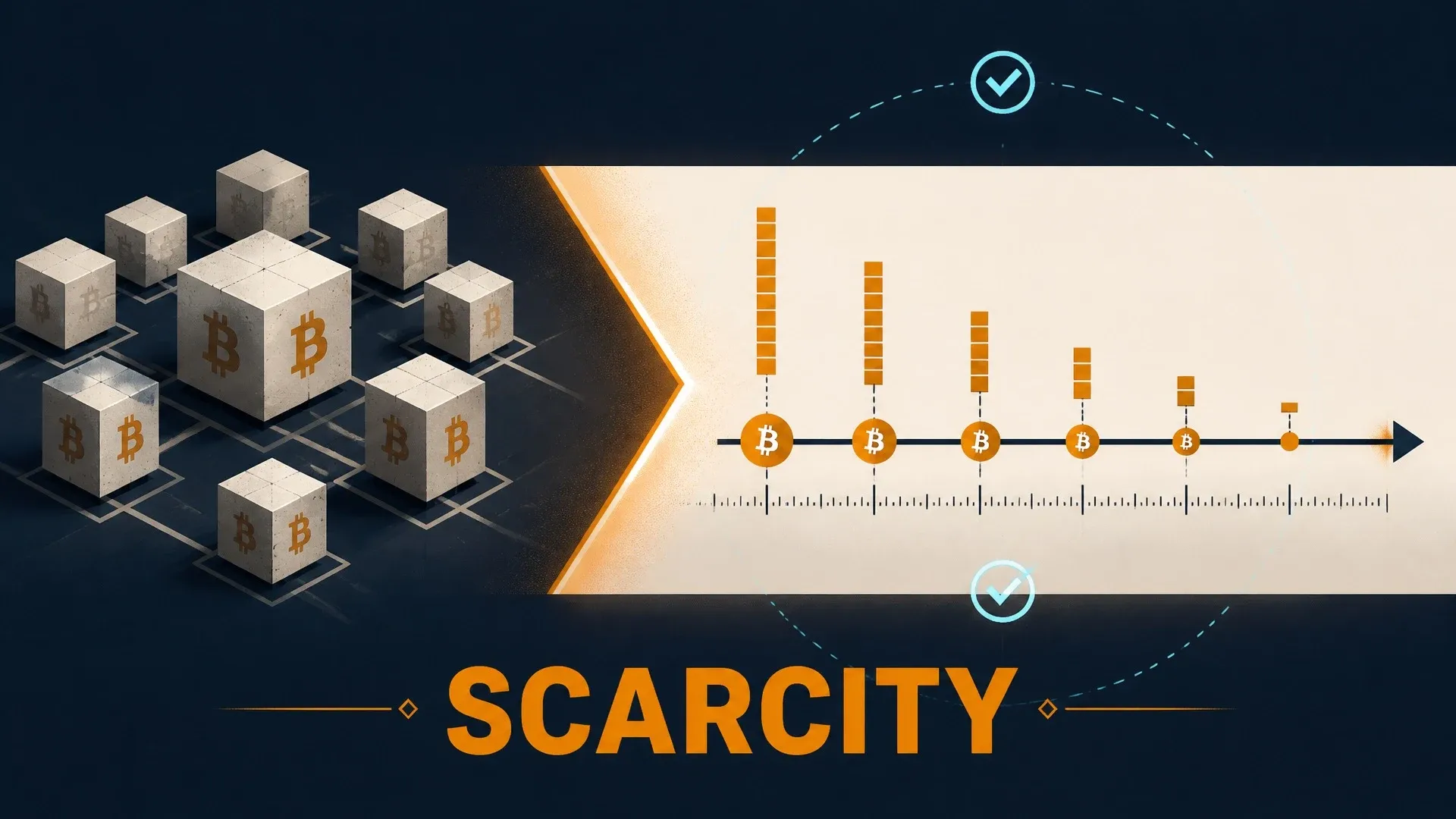 A locked circular Bitcoin supply graphic beside a declining issuance schedule.