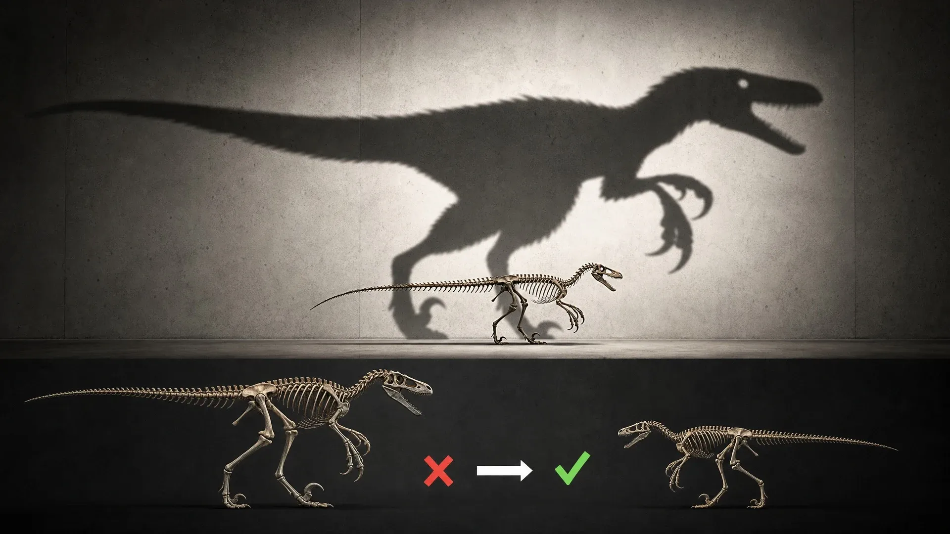 A small Velociraptor skeleton stands beneath an oversized movie-raptor shadow beside a larger skeleton comparison.