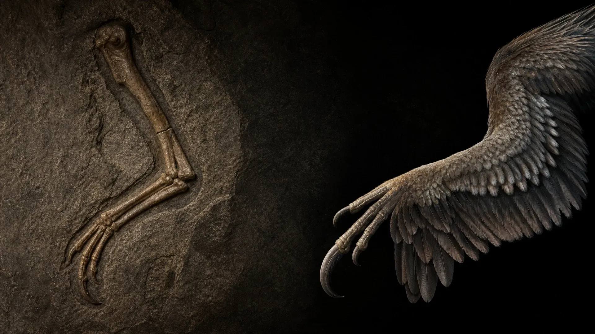 A fossil Velociraptor forearm with raised quill knobs is compared with a reconstructed feathered arm.