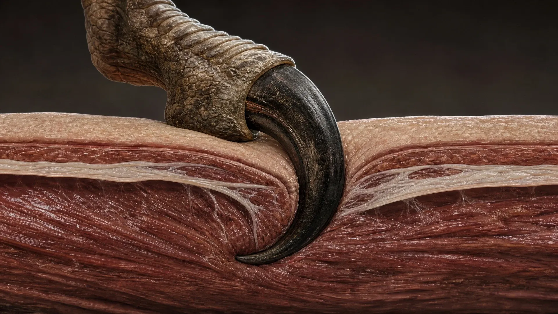 A strongly curved dromaeosaur foot claw punctures and hooks into layered tissue in a close-up reconstruction.