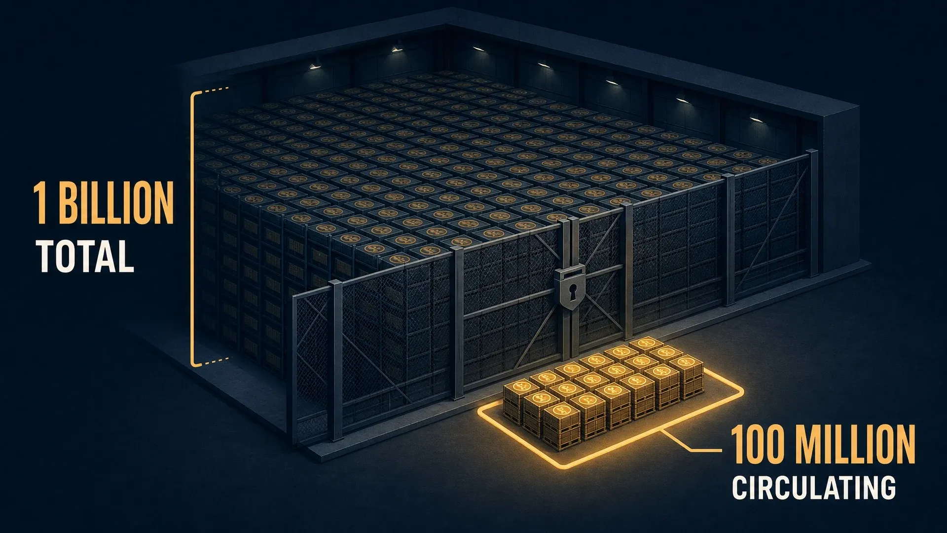 One billion total tokens shown behind a smaller tray holding one hundred million circulating tokens.