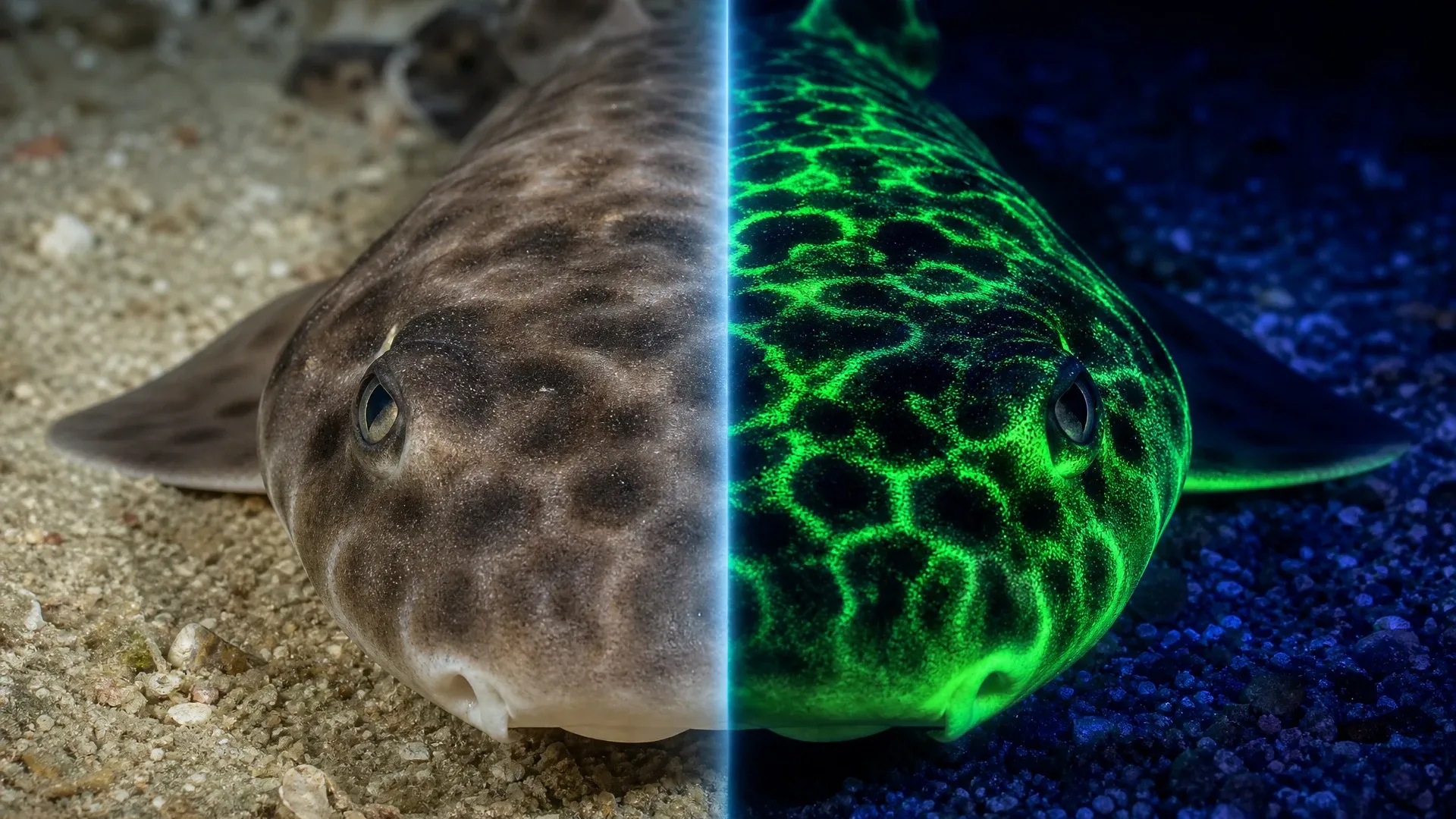 The same shark under ordinary light and glowing green under filtered blue light.