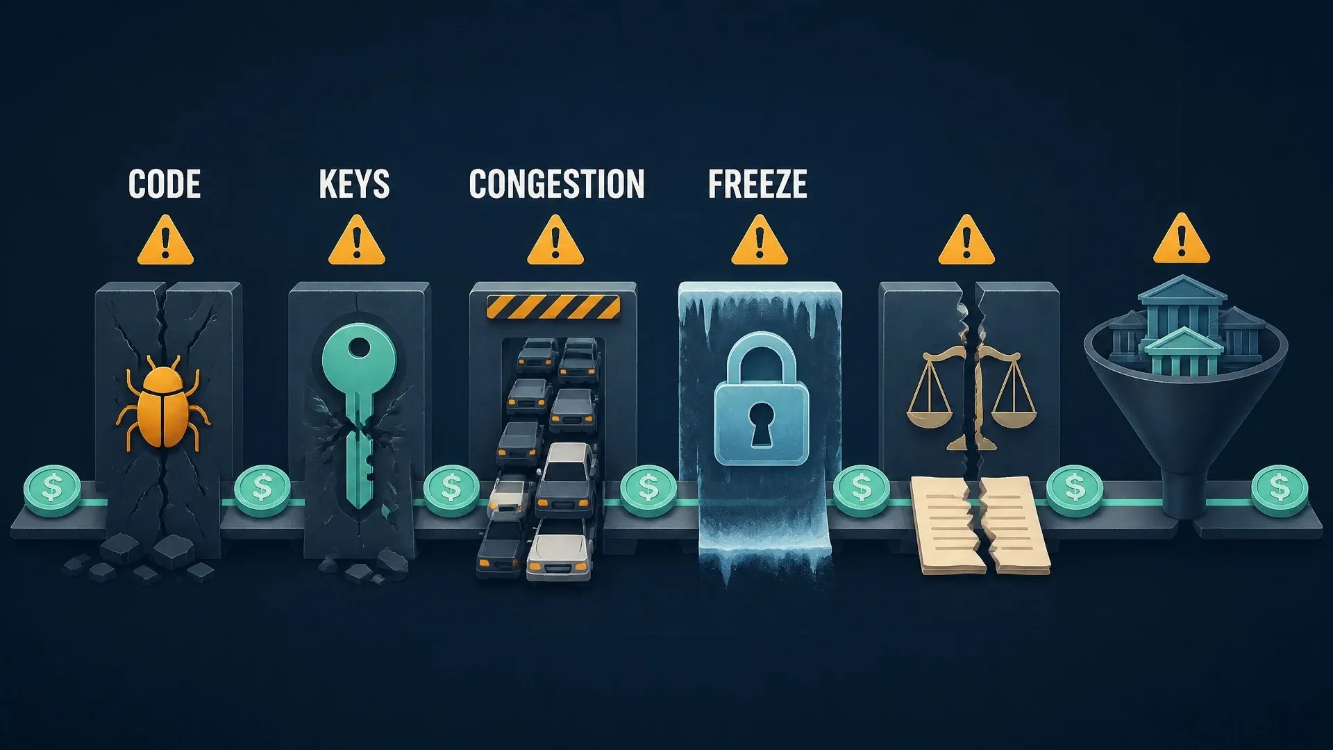 Stablecoin risks are shown as code bugs, stolen keys, congestion, freezing, legal disputes, and issuer concentration.