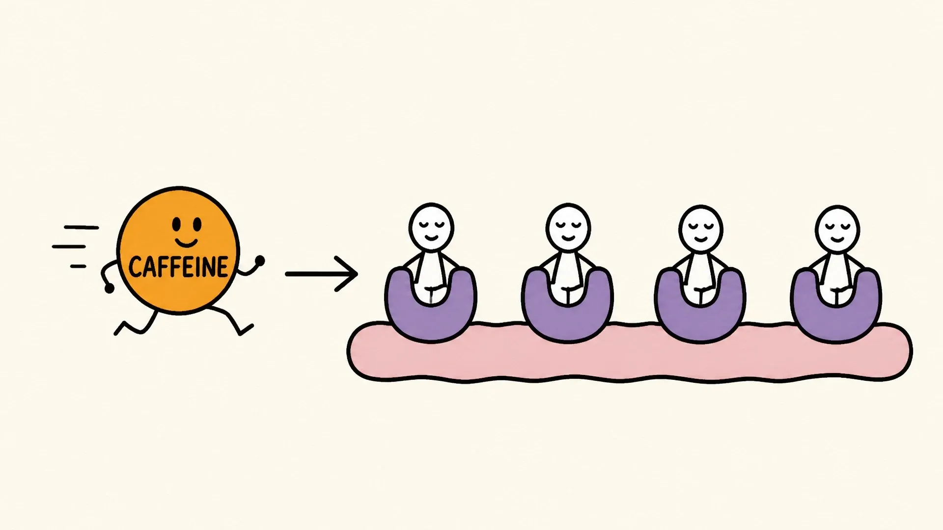 An orange caffeine molecule approaches purple adenosine receptors occupied by sleeping figures.
