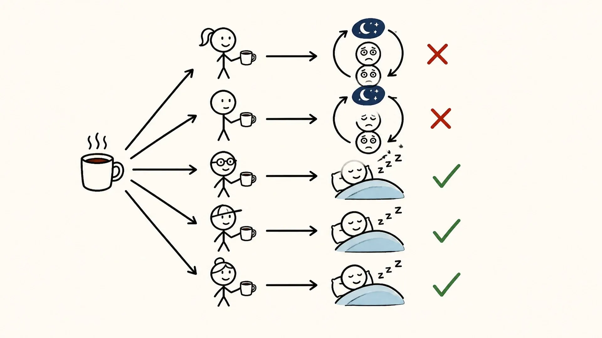 Several coffee drinkers follow different paths toward disrupted sleep or an undisturbed night.