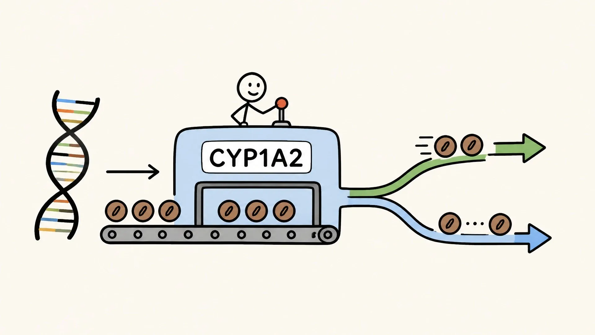 A DNA strand feeds caffeine molecules into a CYP1A2 processing line with fast and slow exits.