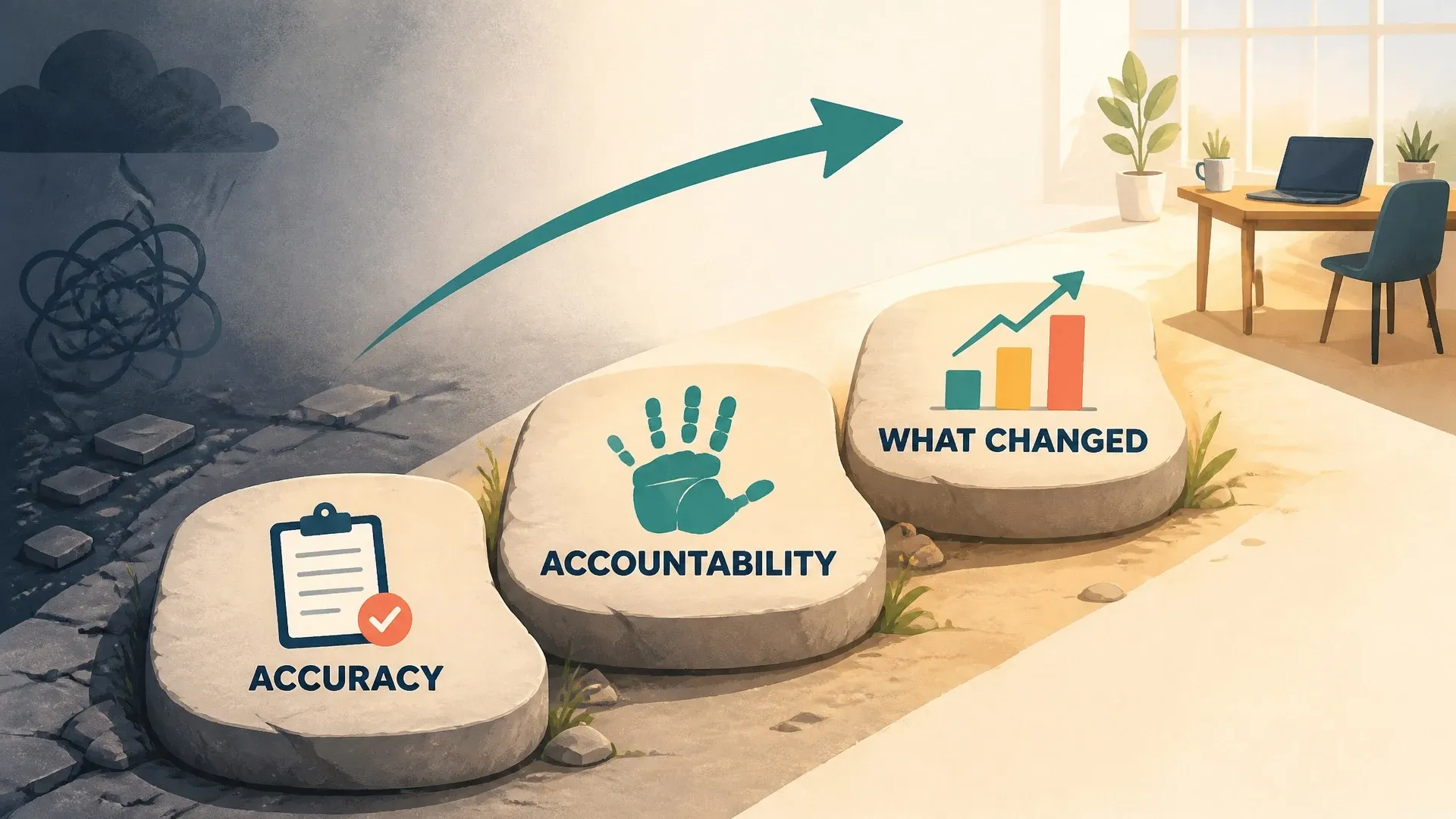 Stepping stones labeled accuracy, accountability, and what changed leading from a difficult departure toward a new role.