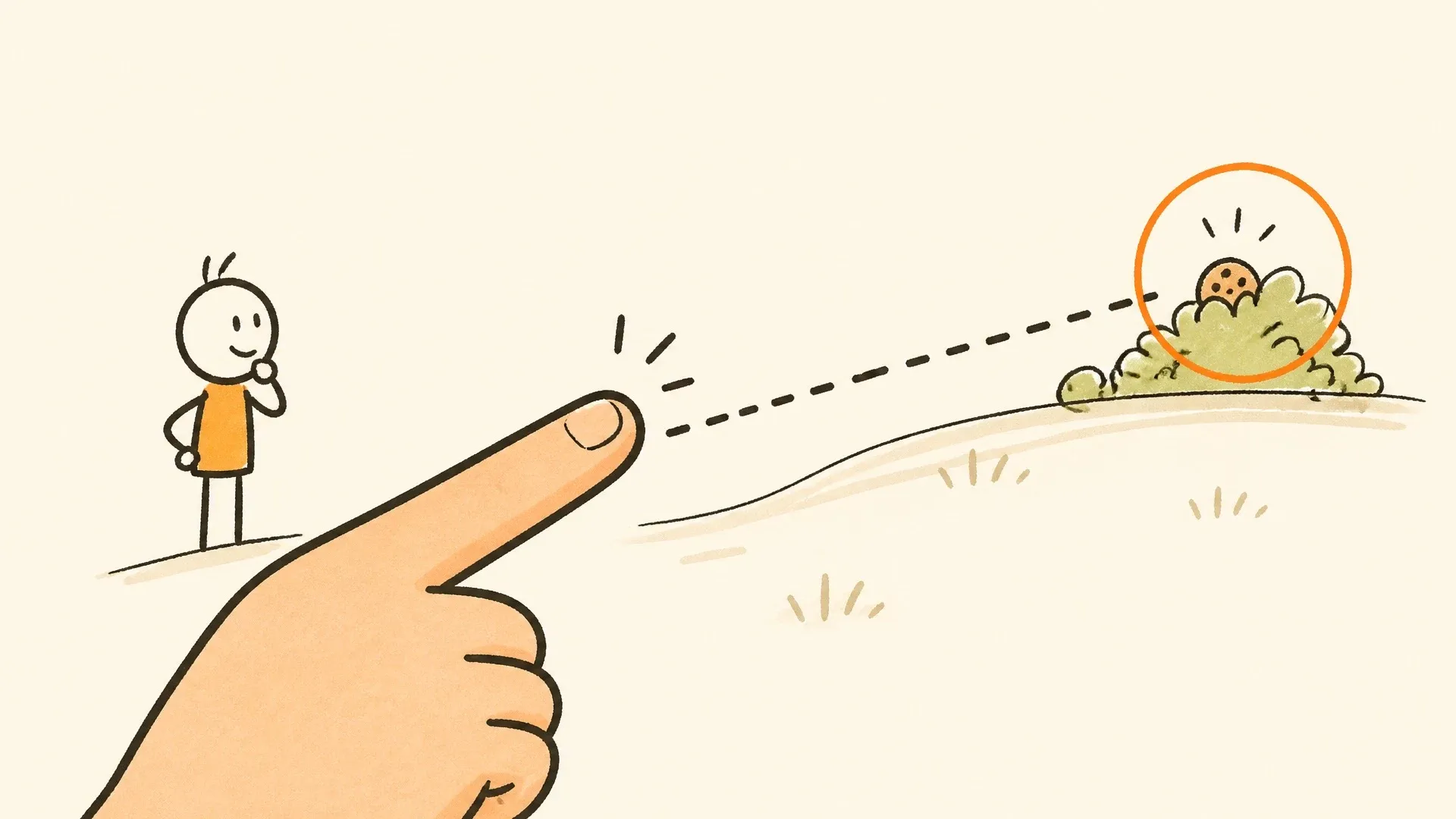 Simple illustration of a person pointing beyond their fingertip toward a hidden object on a distant hill.