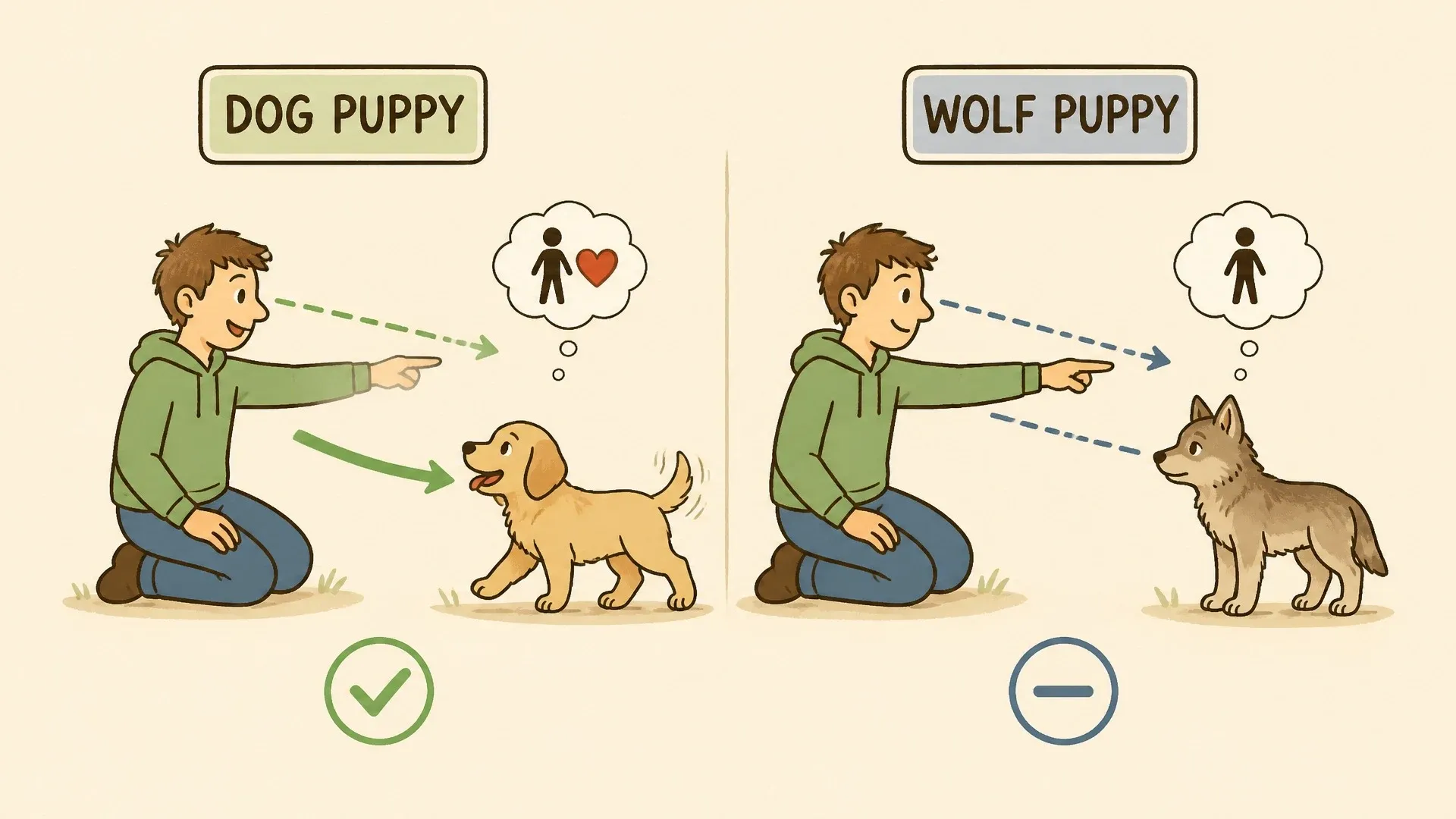 Side-by-side illustration of a dog puppy approaching a human point while a wolf puppy watches more cautiously.