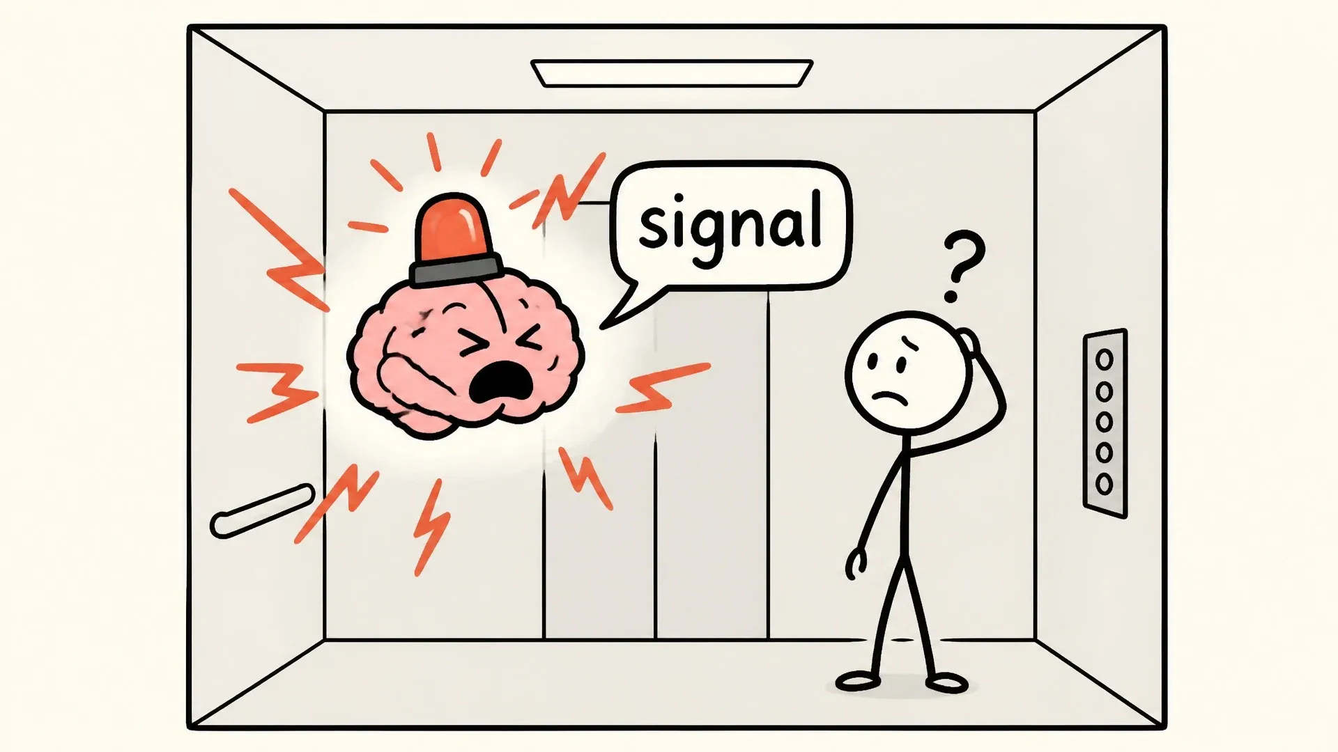 A restless brain sounds an attention alarm while a person stands in an otherwise uneventful elevator.