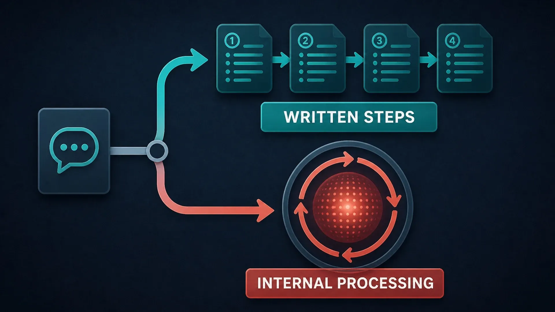 A diagram splitting written reasoning steps from additional internal neural-network processing.