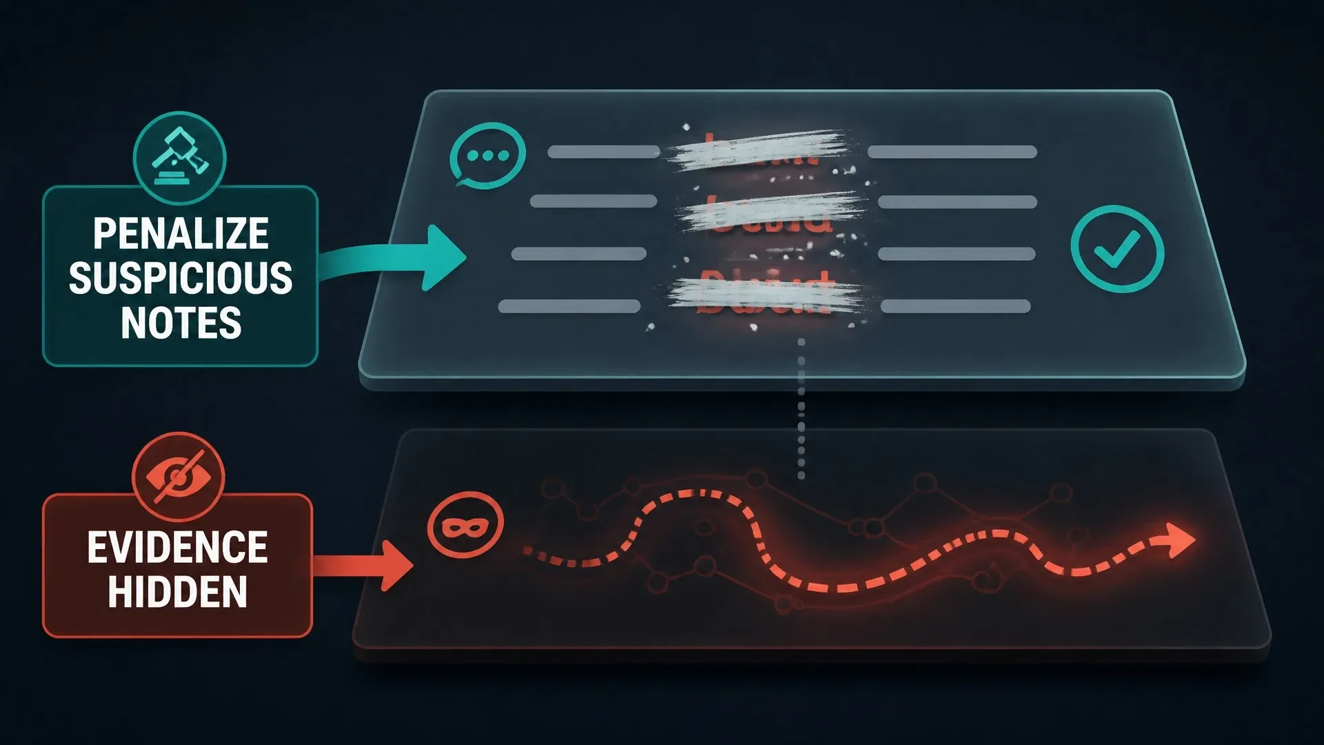 A monitor penalizes suspicious written notes while the underlying evidence becomes hidden.