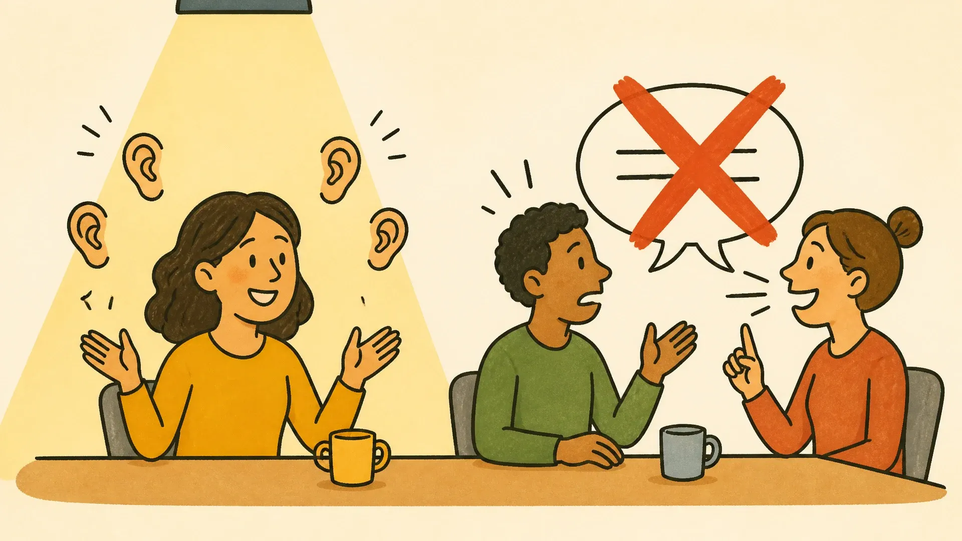 A person looking at an unanswered phone while two other people continue talking nearby.