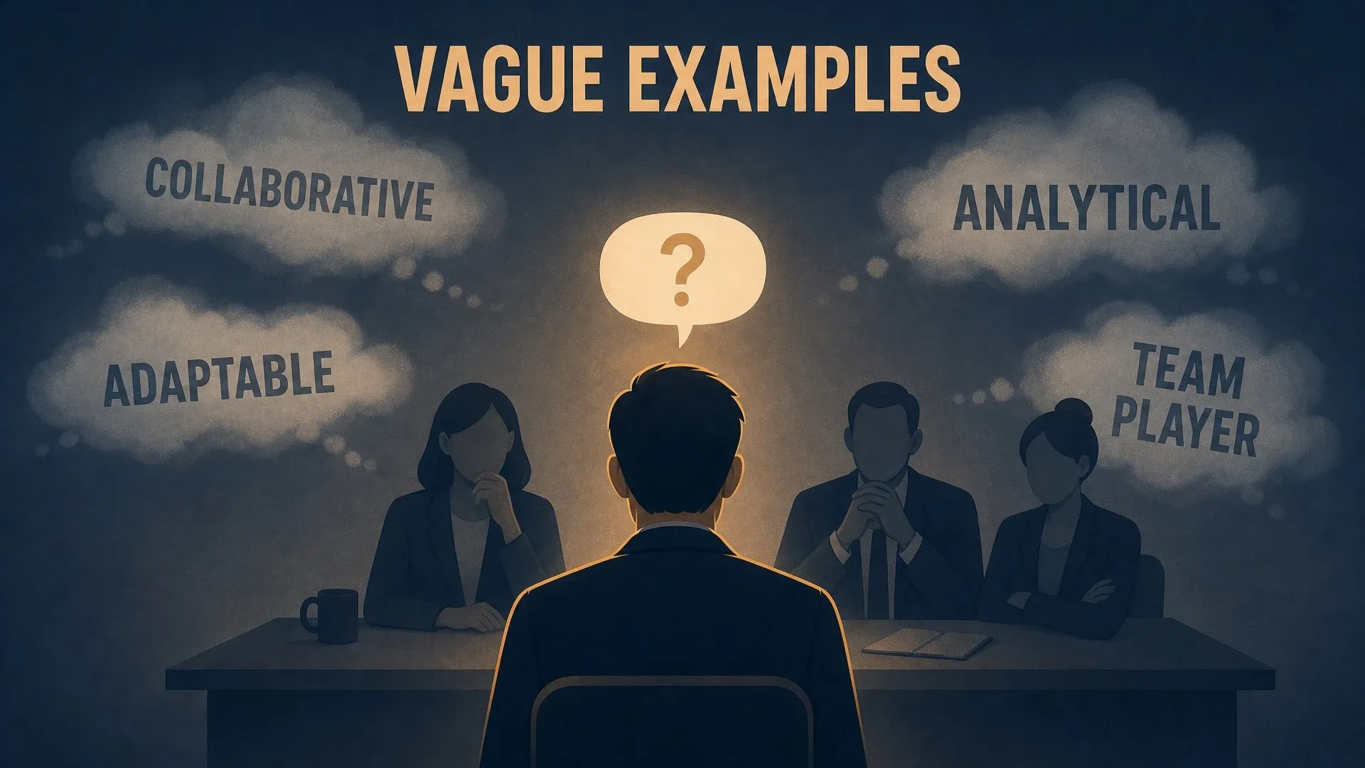 A candidate faces an interview panel while vague qualities float above the table.