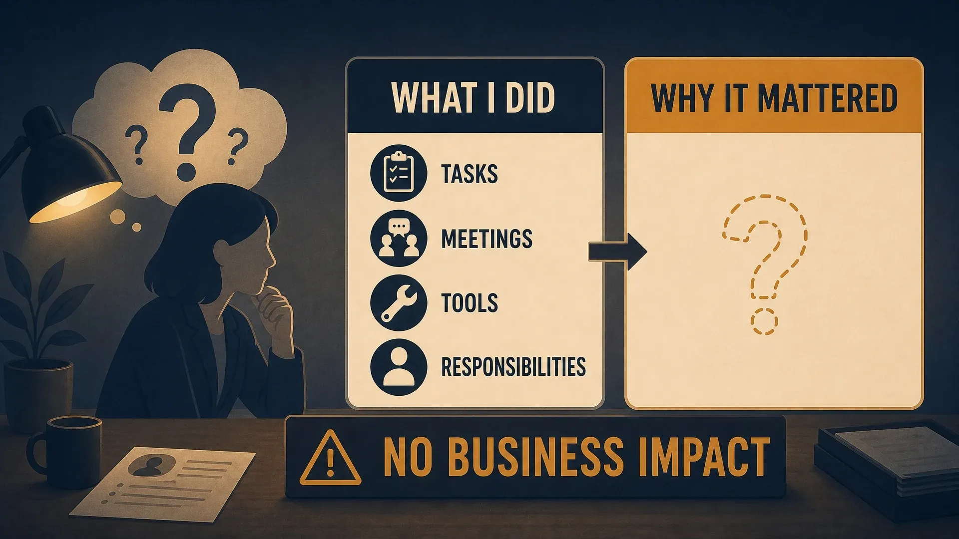 Tasks and responsibilities appear on one side of a page while business impact remains blank.