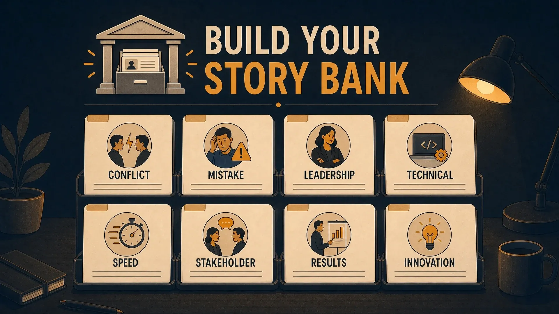 Eight labeled cards form an interview story bank for conflicts, mistakes, leadership, speed, and results.