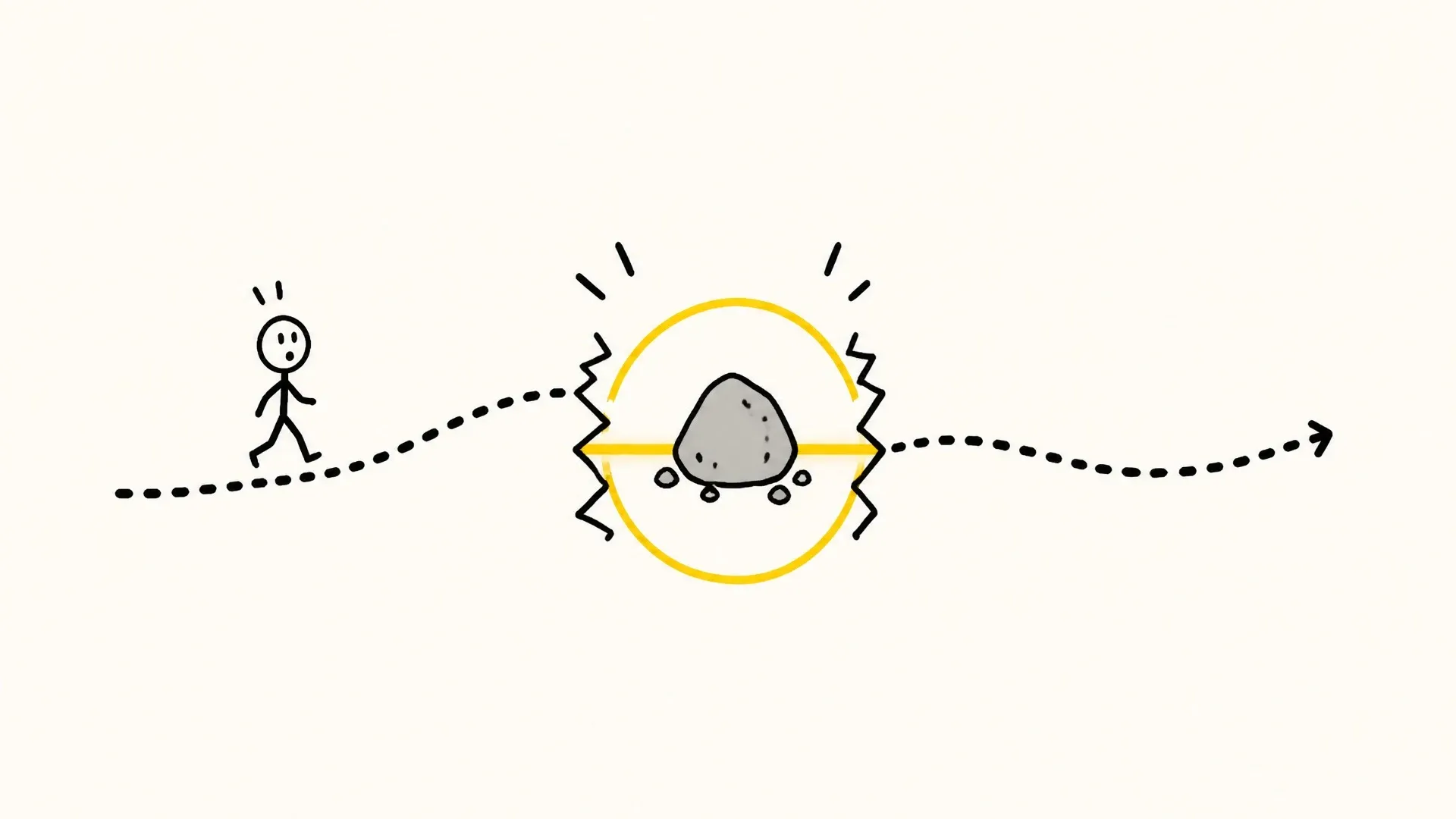 A person follows an expected dotted path until a sudden impossible object interrupts it.