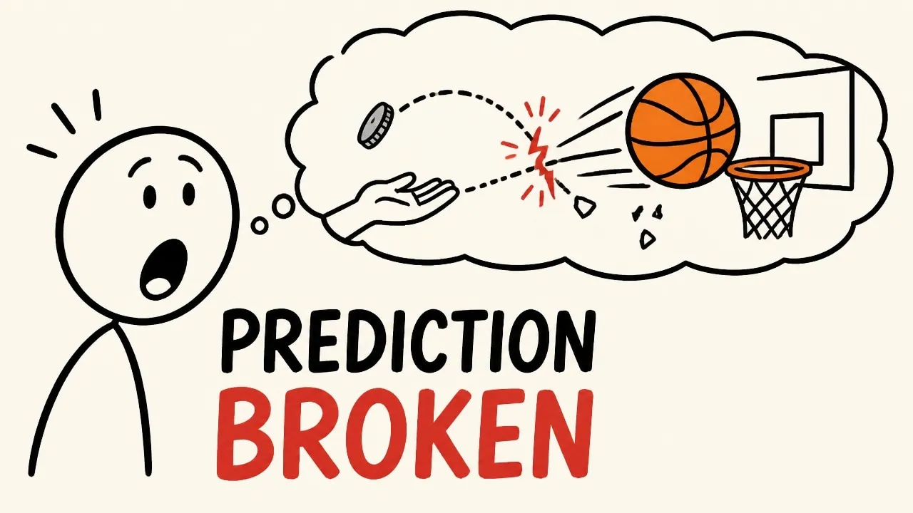 A magician's vanished coin and a basketball at the rim linked by a jagged surprise signal.