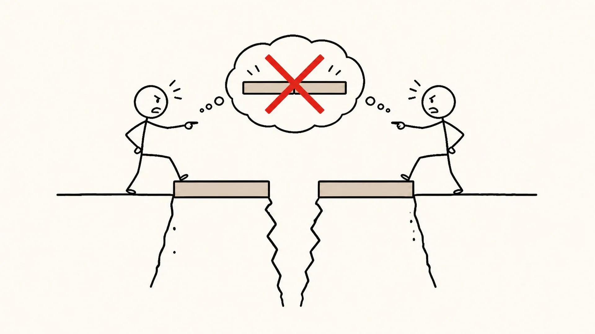 Two people face each other across a broken bridge beneath a crossed-out handshake, showing that synchrony has limits.
