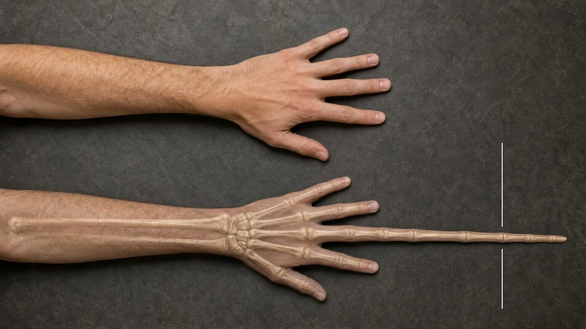 Human arms and hands compare an ordinary fourth finger with the extremely elongated wing finger of a pterosaur.