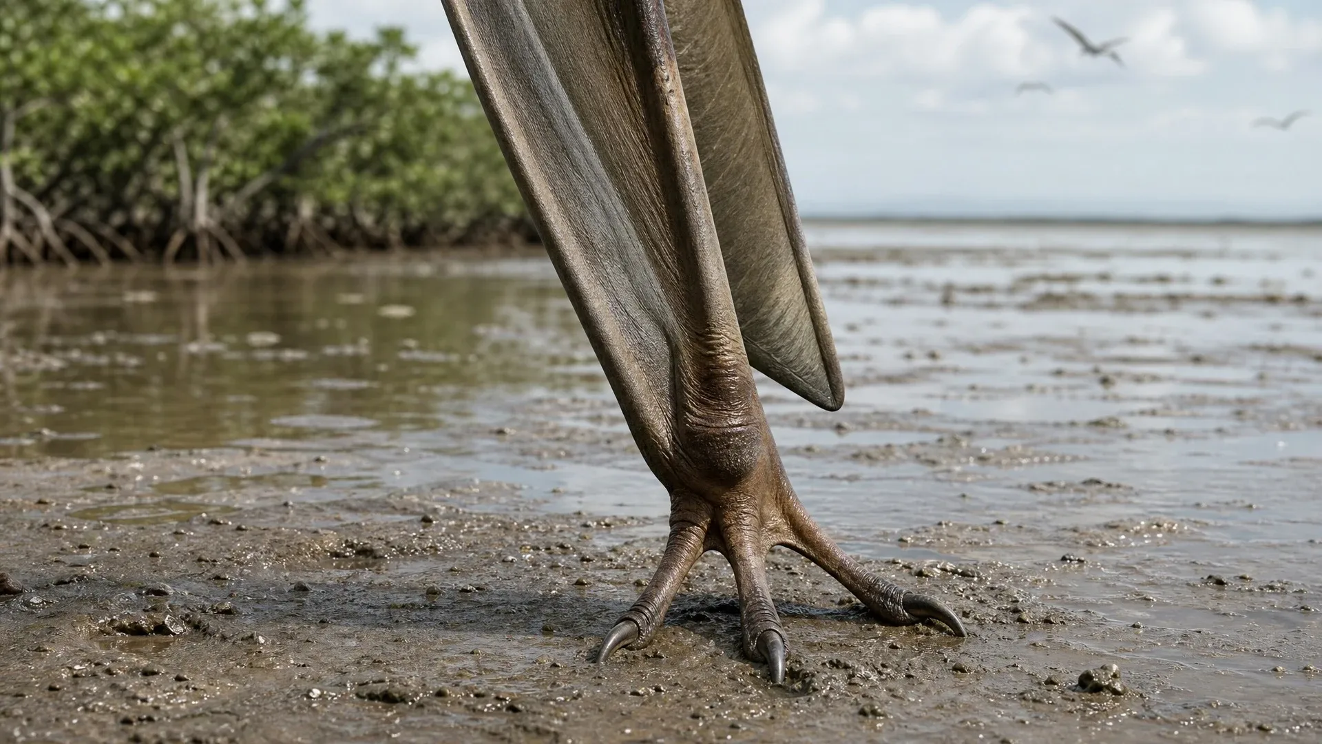 A pterosaur places a small clawed hand and foot on wet ground while its long wing finger stays folded.