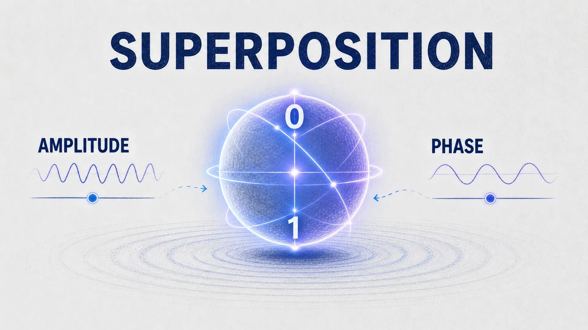 A glowing sphere labeled Superposition with amplitude and phase shown as separate wave properties.