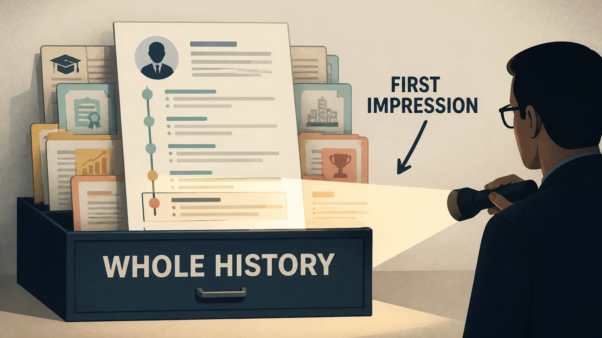 A recruiter shining a light on one resume while the candidate’s whole work history remains in a file drawer.