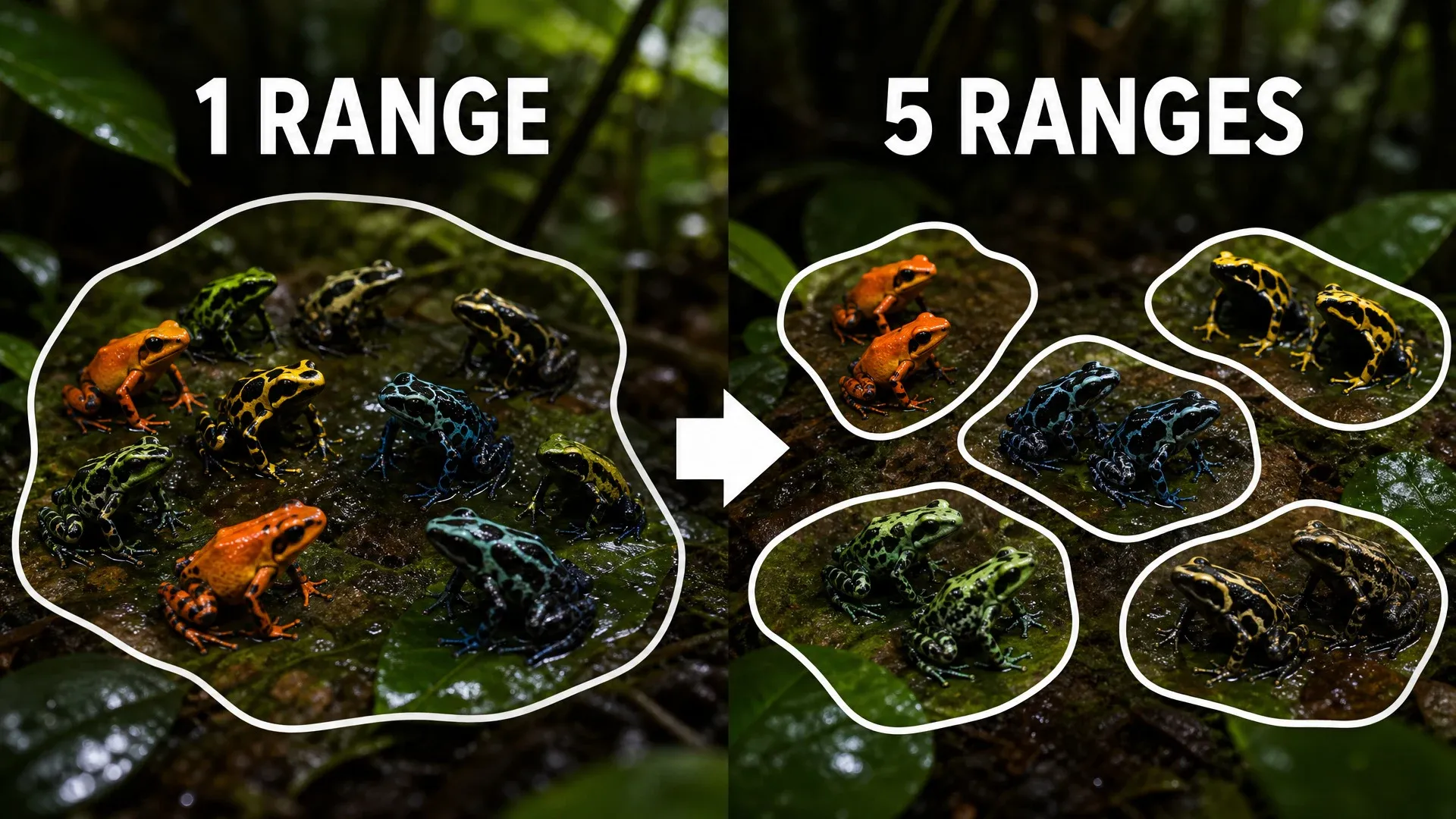 One broad frog range split into five smaller isolated ranges.