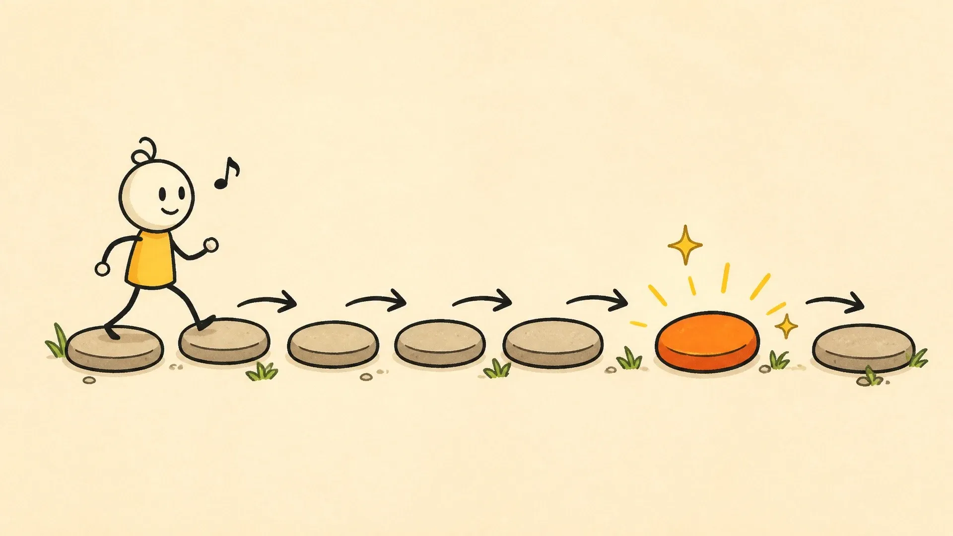 A person crossing predictable stepping stones toward one bright unexpected stone while humming.