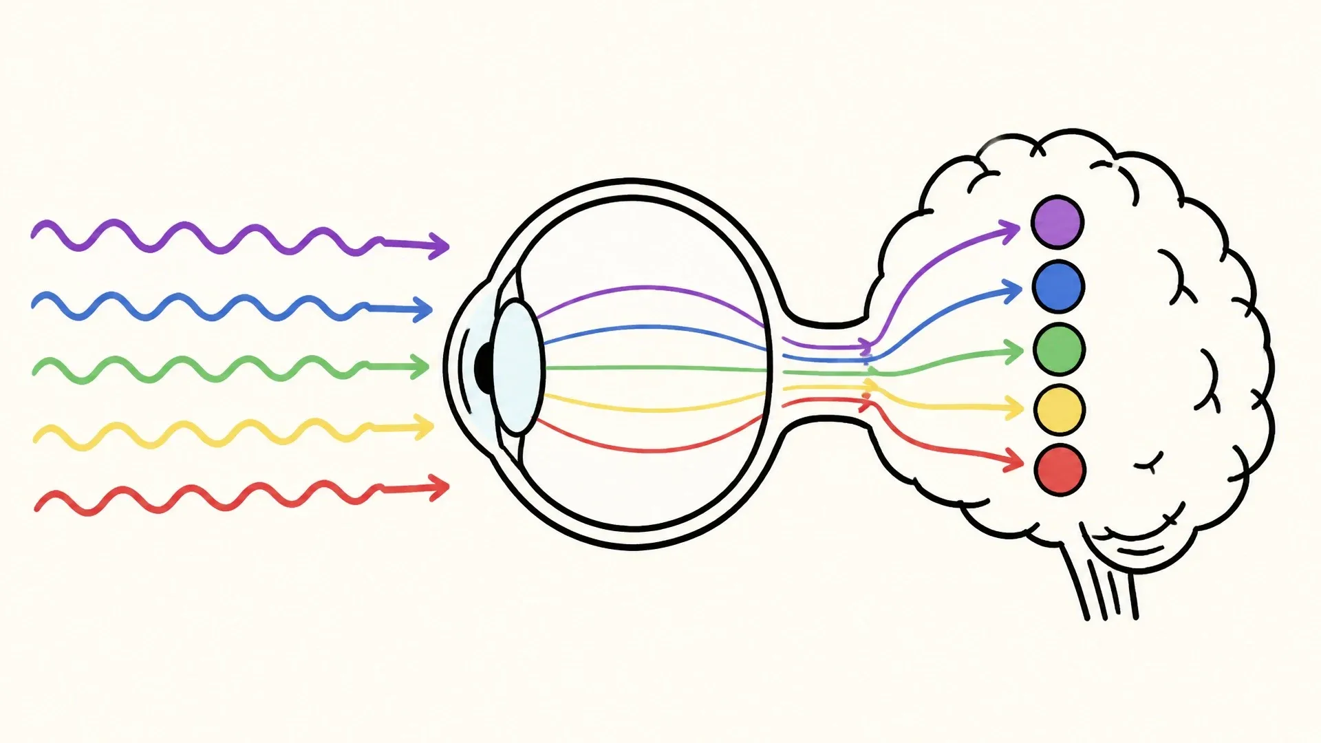 Electromagnetic waves entering an eye and becoming a small set of perceived colors in the brain.