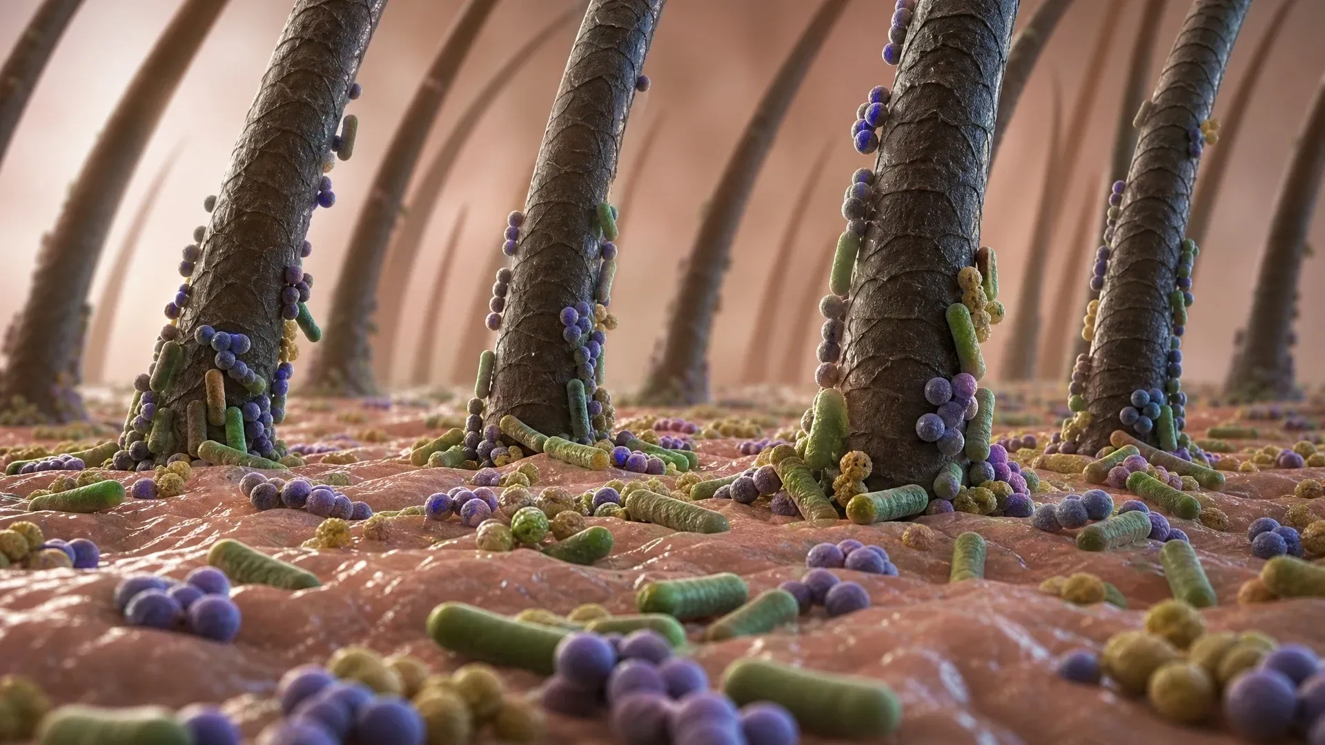 A magnified landscape of hair follicles surrounded by diverse bacteria living below the exposed skin surface.