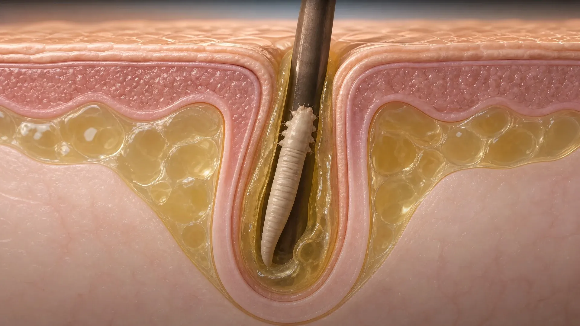 A cutaway hair follicle showing a protected oily channel beneath the dry outer layers of human skin.