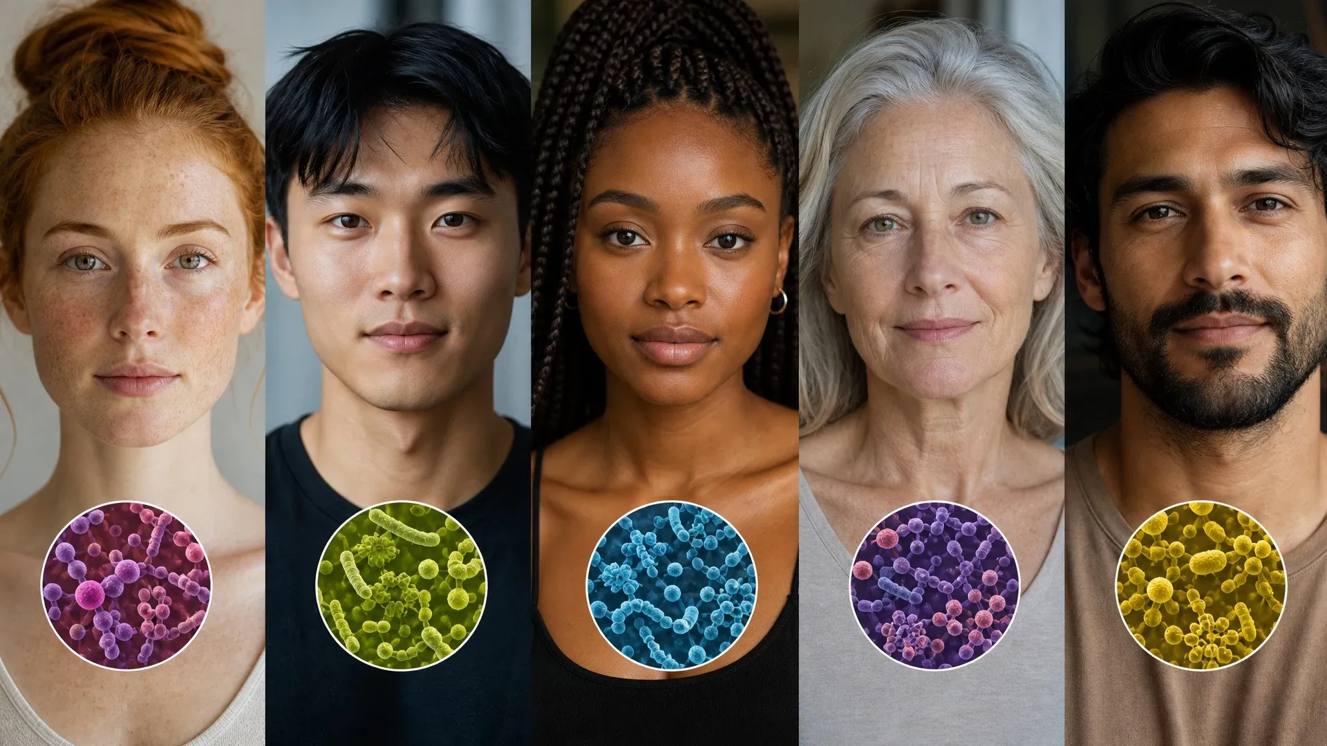 Five people of different ages and skin tones shown with distinct colored microbial communities below them.