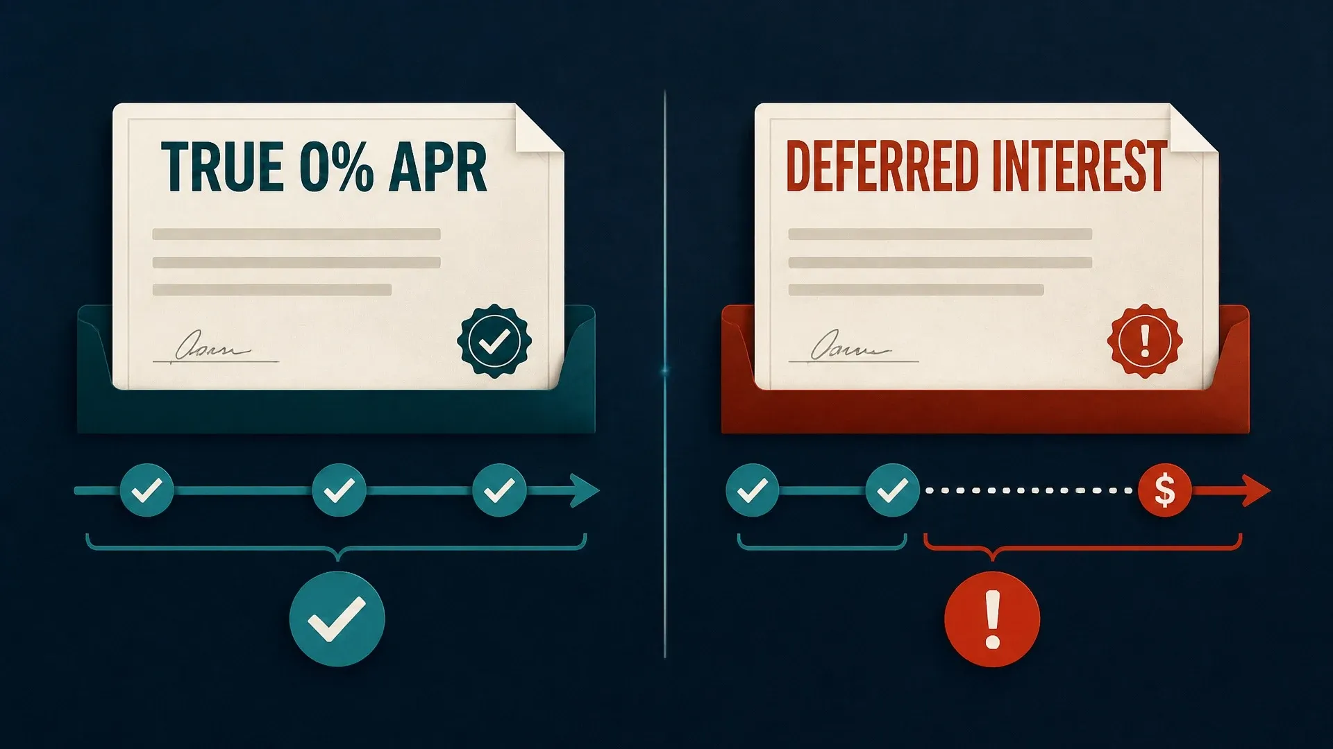 Two documents compare true zero-percent APR with deferred interest and show different consequences after expiration.